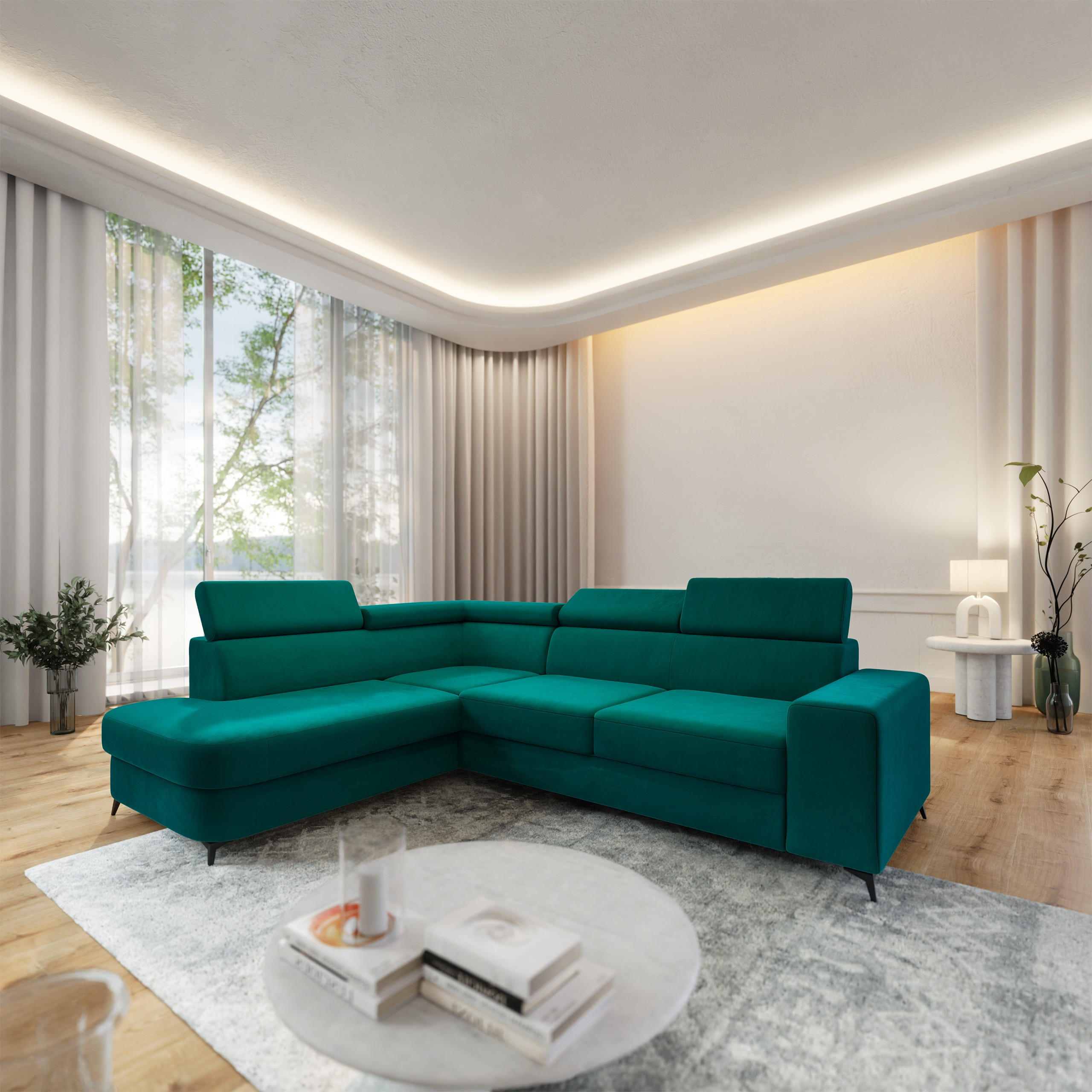 ECKSOFA ALVORO L-S Blau Velours-Stoff mit Schlaffunktion - Blau, Holz (253/190cm) - MASSENO