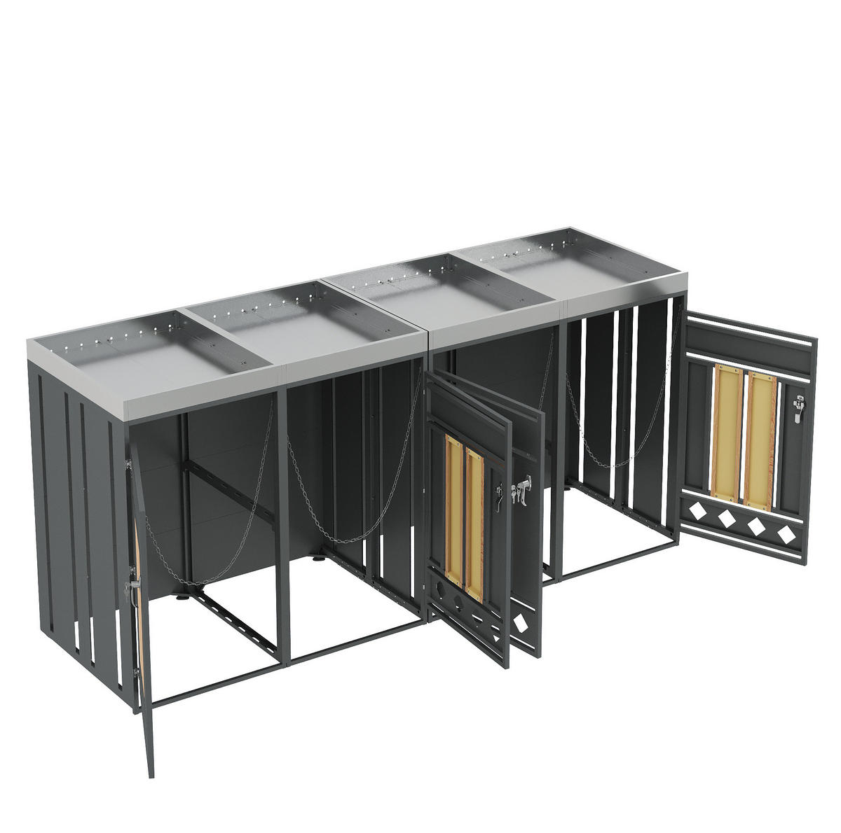 MÜLLTONNENBOX aus Stahl in Grau/Holzoptik mit Pflanzkasten & 4 Türen 264x80x124,5 cm - Grau, Metall (264/124.5/80cm) - Modfu