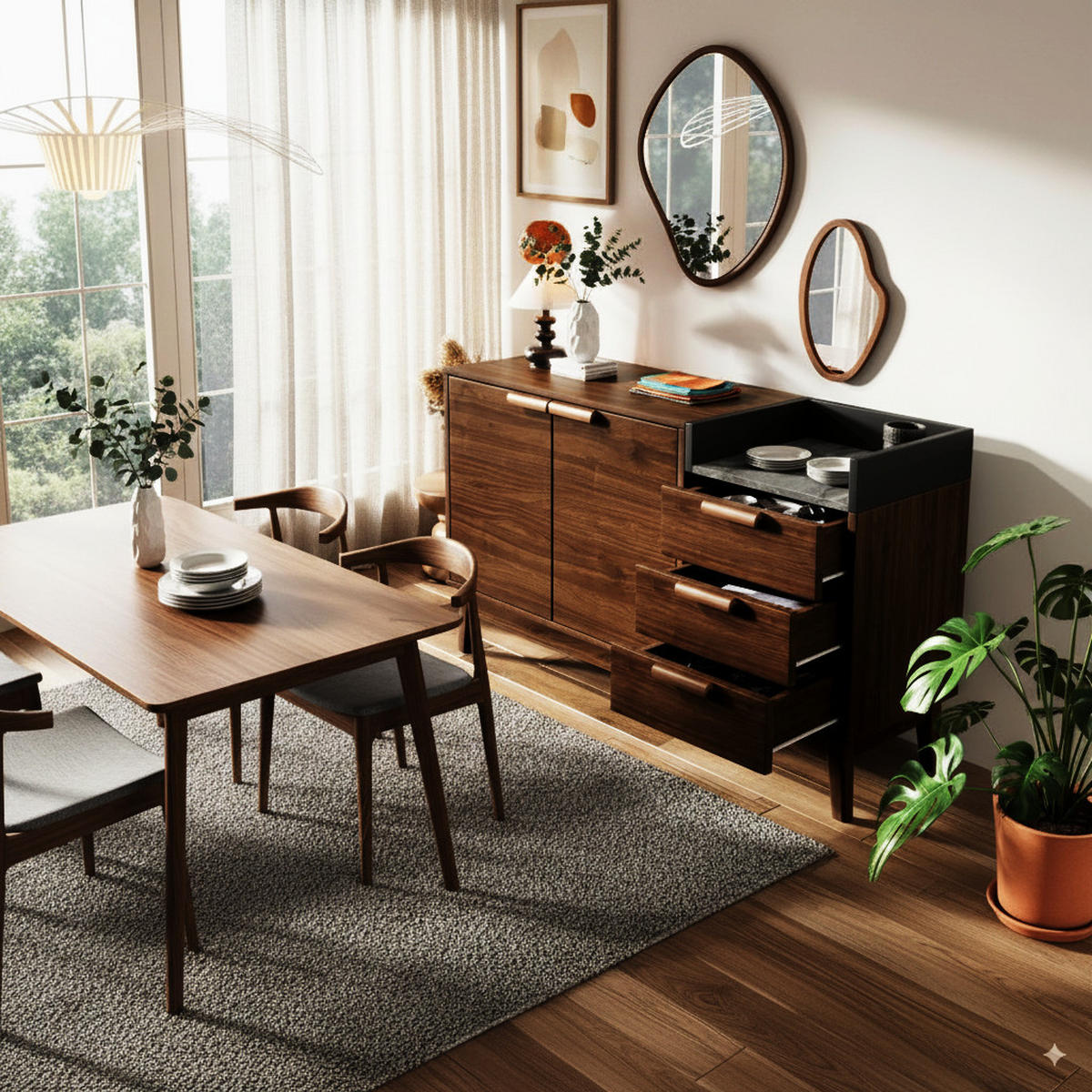 Sideboard in Walnussoptik mit 2 Türen und 3 Schubladen - Braun, Holzwerkstoff (120/77/40cm) - Urban Meuble