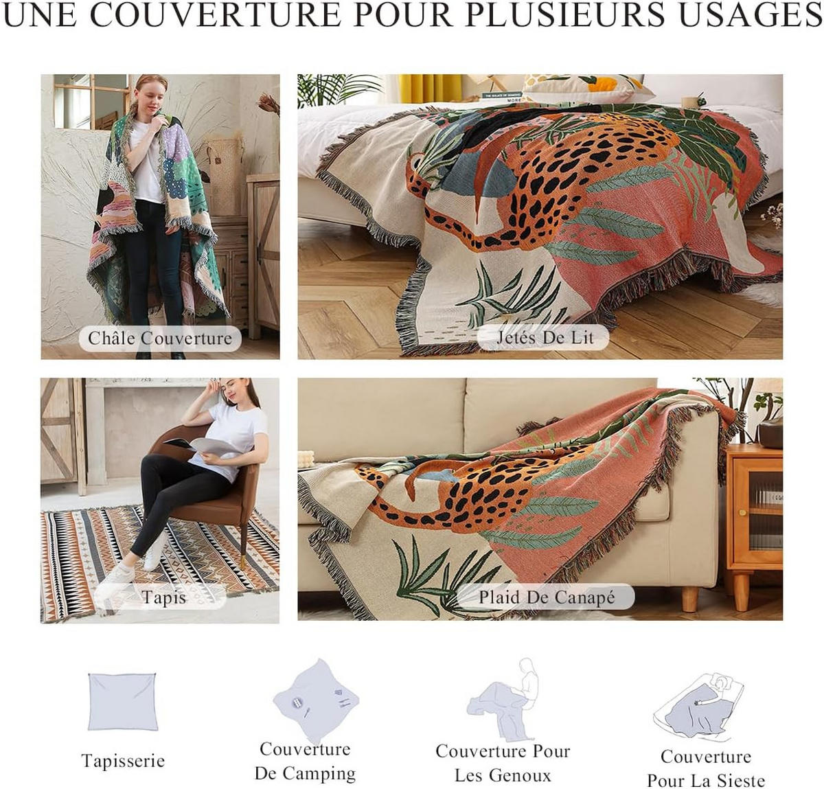 DECKE – 130 x 160 cm – Wendbares Farbschema – Decke mit Quasten - Türkis/Multicolor, Textil (160/130cm)