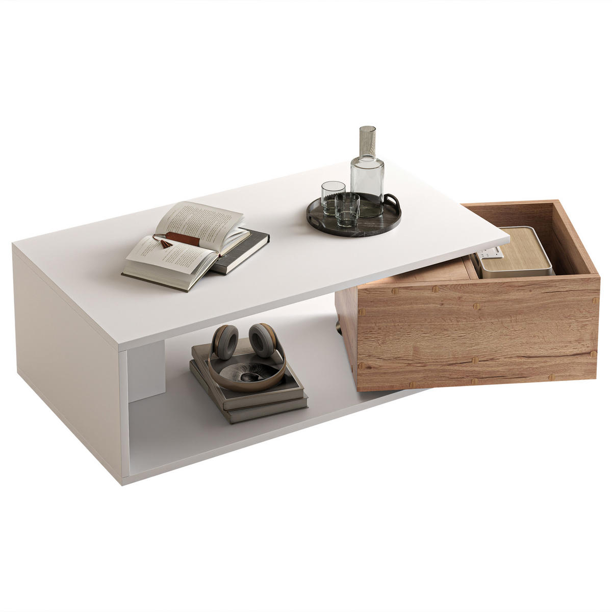 COUCHTISCH 90/50/30 cm Weiß mit 360° drehbarer Schublade und offenem Stauraum - Eichefarben, Holzwerkstoff (90/50/30cm) - OKWISH