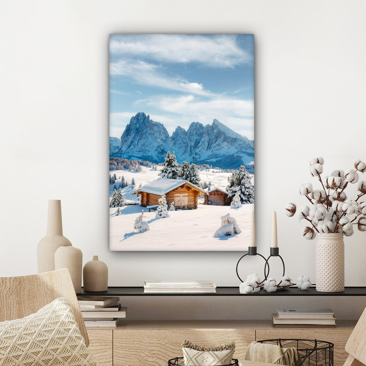 LEINWANDBILD Winter - Hütte - Berge - Aussicht - Schnee Wanddeko Schlafzimmer 60x90 cm - Eichefarben, Textil (60/90cm) - MuchoWow