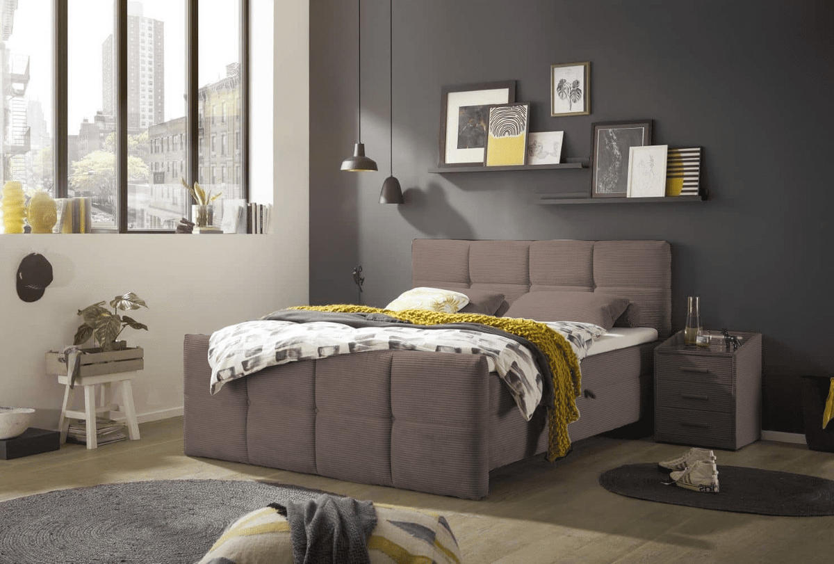 BOXBETT Breitcord, 7-Zonen-Tonnentaschen-Federkernmatratze, HR-30 Topper, Bettkasten - Schwarz/Braun, Holz/Kunststoff (160/200cm) - ed exciting design