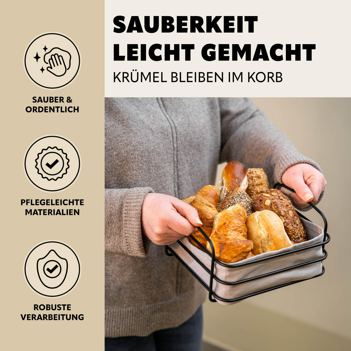 BROTKORB mit abnehmbarem Bezug, eckig, schwarz, Metall - Schwarz, Metall (30/11cm) - eluno