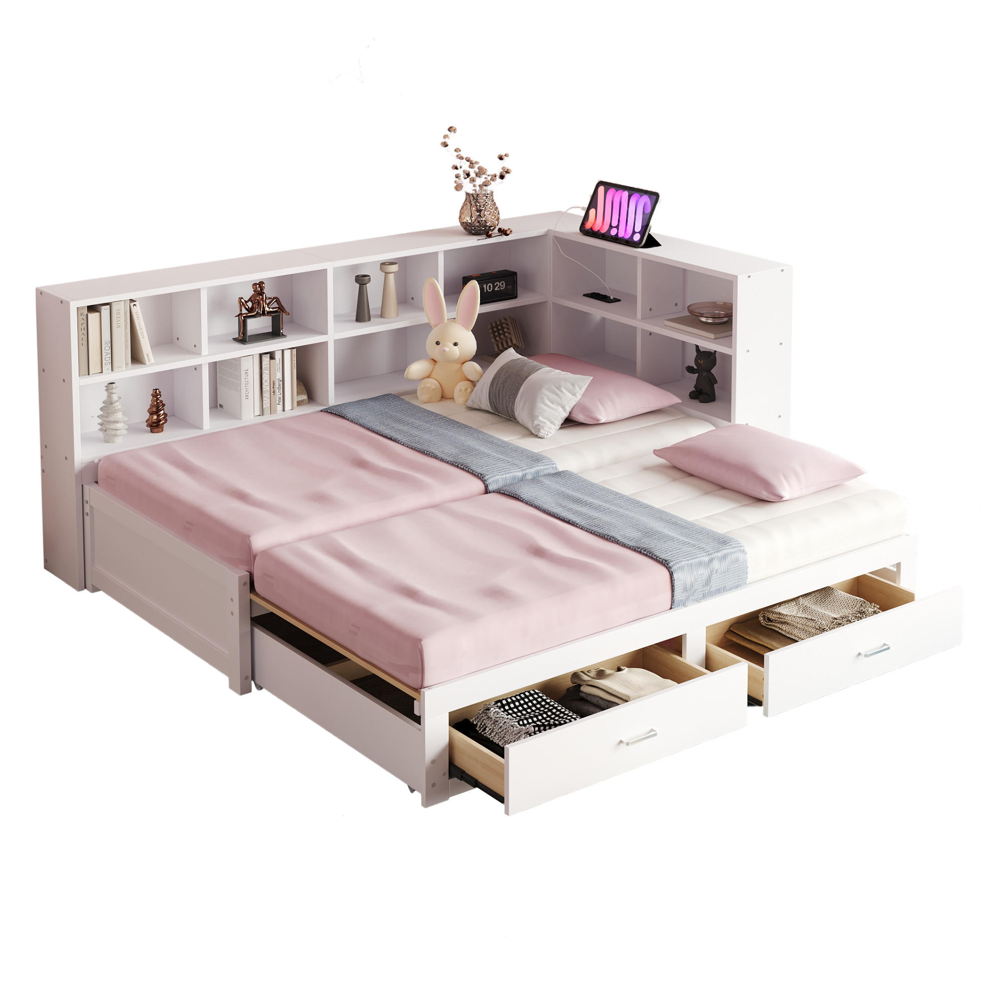 MULTIFUNKTIONSBETT 90/190 cm weiß aus Holz mit Ausziehbett Stauraum Steckdose - Weiß, Holzwerkstoff (90/190cm) - OKWISH