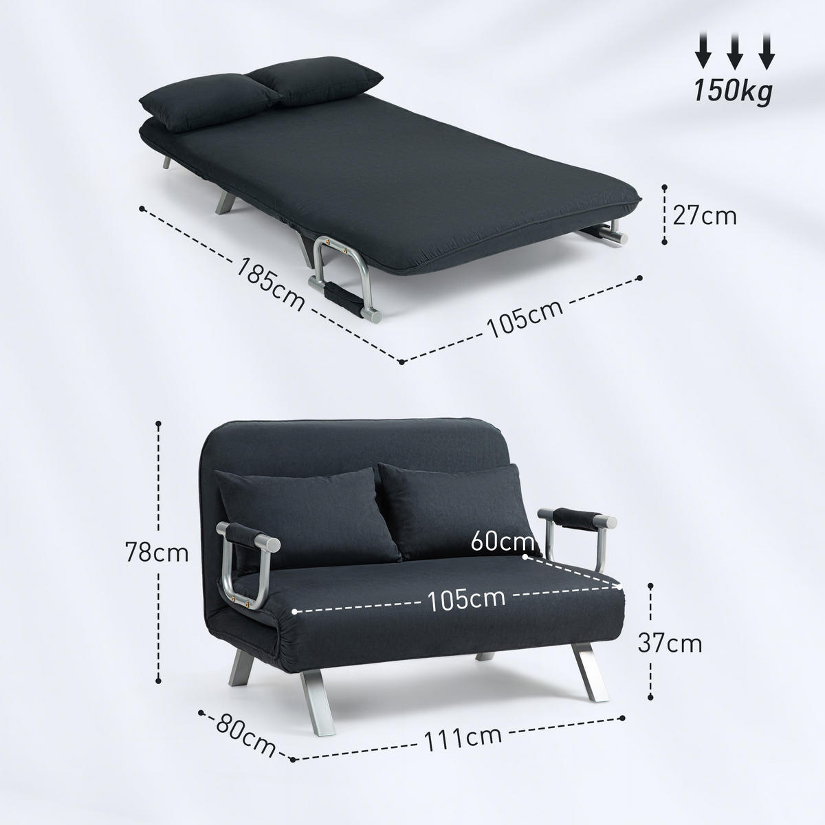 2-SITZER Sofa mit Schlaffunktion, Schlafsofa mit Verstellbarer Rückenlehne - Schwarz, Kunststoff (80/78/111cm) - HOMCOM