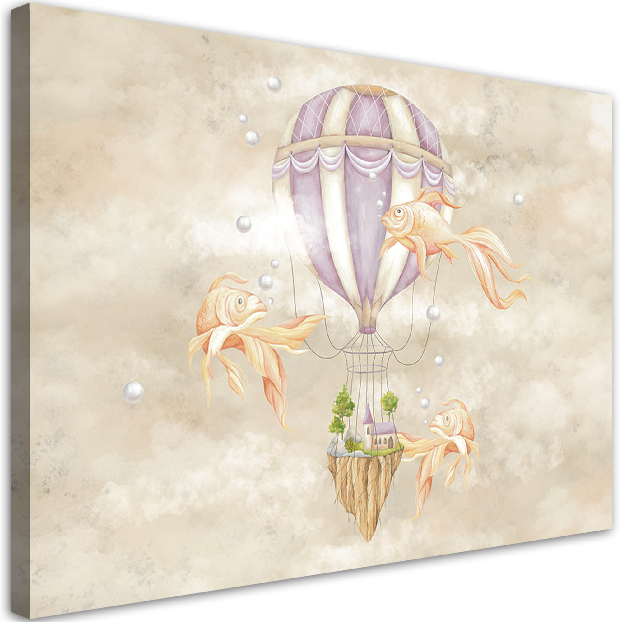 LEINWANDBILD Heißluftballon fliegendes Haus und Fisch 60x40cm - Beige, Textil (60/40cm) - Feeby