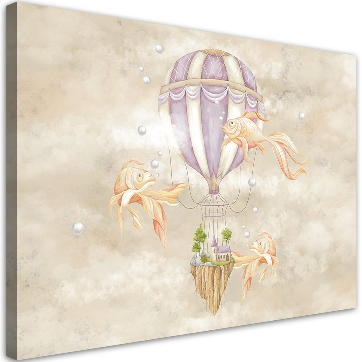 LEINWANDBILD Heißluftballon fliegendes Haus und Fisch 60x40cm - Beige, Textil (60/40cm) - Feeby