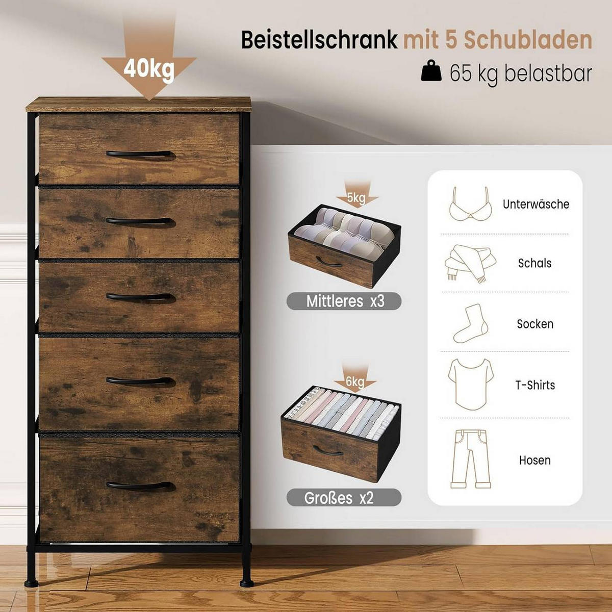 KOMMODE mit 5 Schubladen, aus Holzwerkstoff, Vintagebraun - Dunkelbraun/Schwarz, Holzwerkstoff/Textil (45.5/95.5/30cm) - Woltu