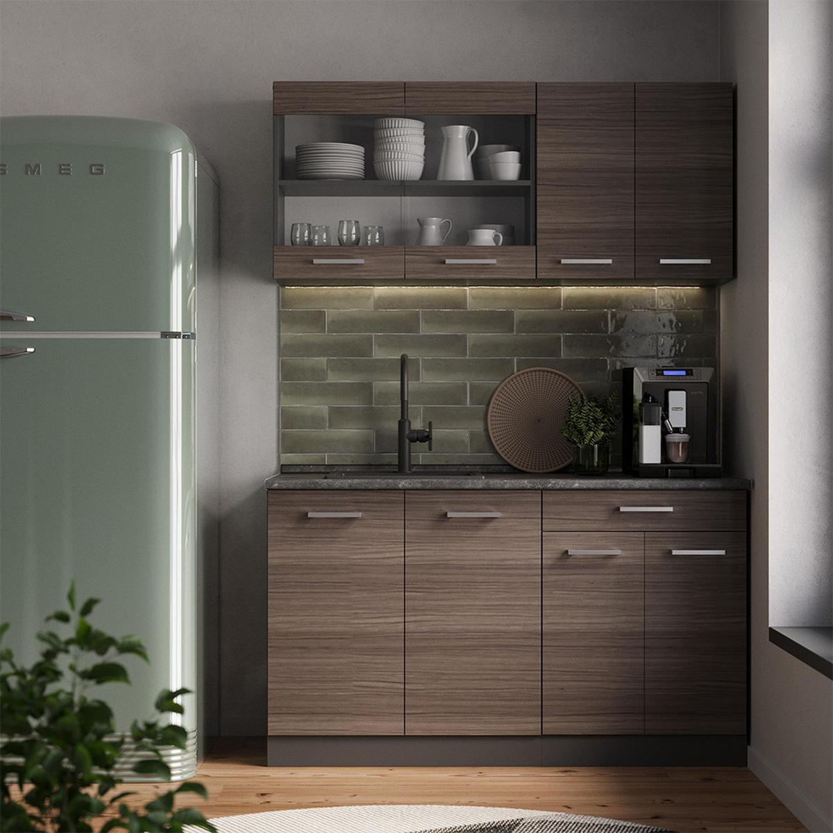 SINGLEKÜCHE R-Line Edelgrau/Anthrazit 140 cm ohne Arbeitsplatte - Anthrazit/Braun, Holzwerkstoff (140/81.6/46cm) - Vicco