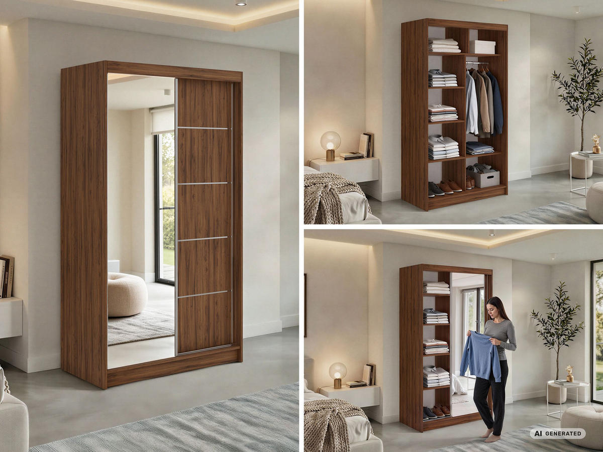 SCHWEBETÜRENSCHRANK 120 - SKORIA - Warmia Walnuss mit Spiegel - Walnussfarben/Alufarben, Holzwerkstoff/Metall (120/216/61cm) - MKS