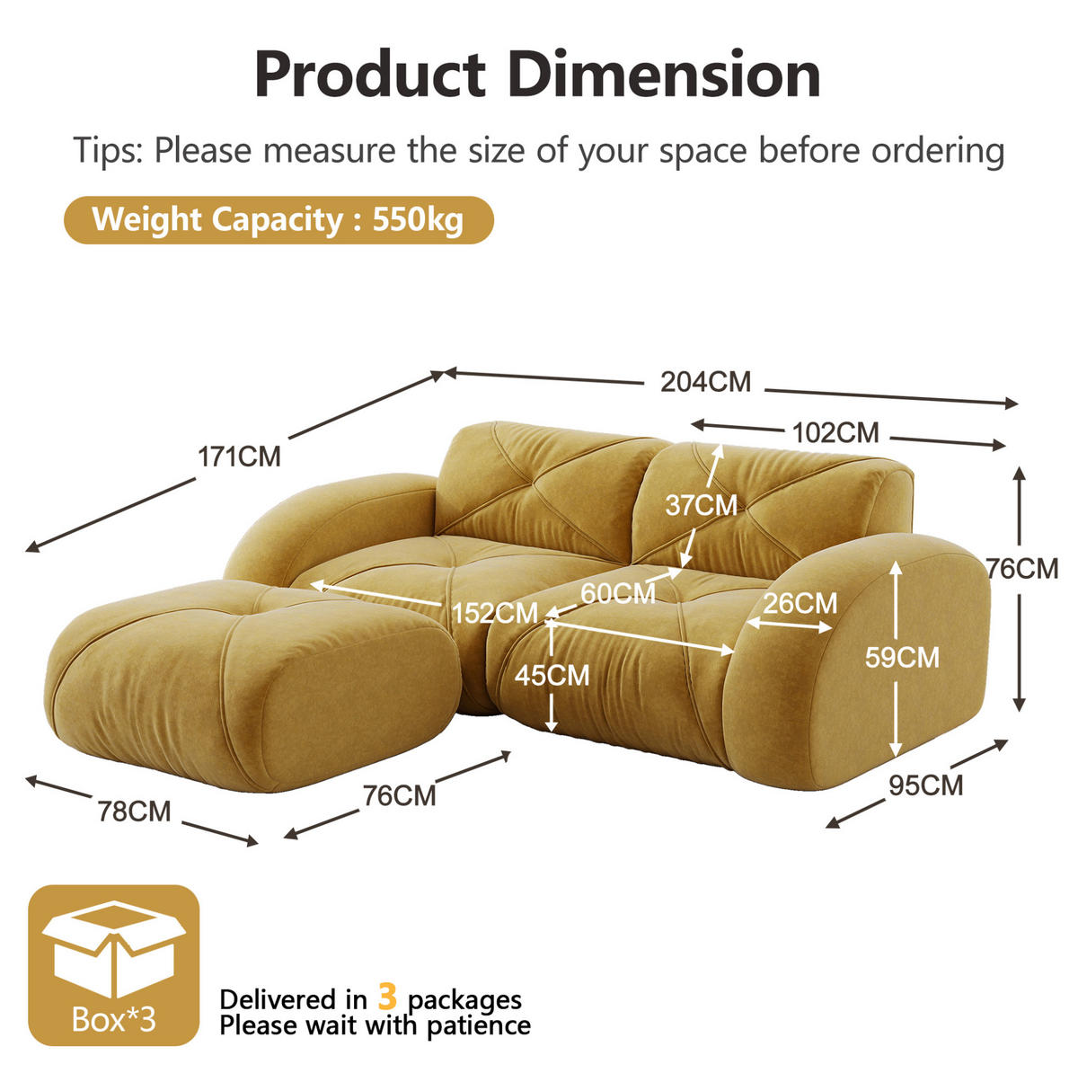 2-SITZER-SOFA aus Chenille Gelb mit Hocker, 2-Sitzer, rahmenlos und haustierfreundlich - Gelb, Textil (204/76/171cm) - Modfu