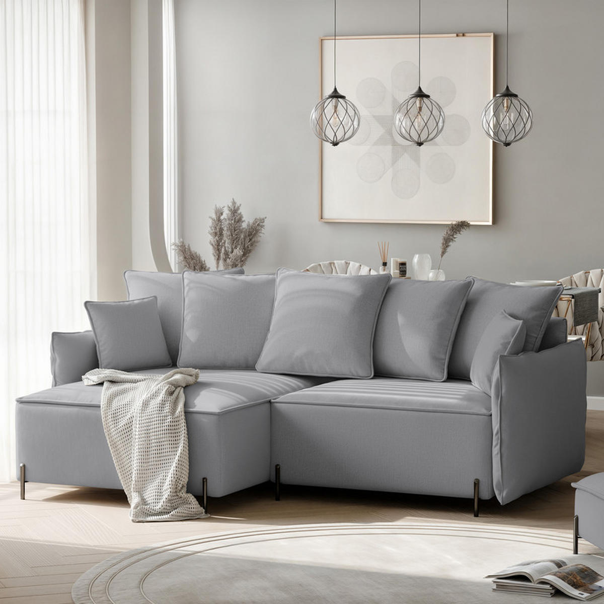 ECKSOFA MARCO Links, mit Schlaffunktion und Bettkasten, Grau - Grau, Textil/Metall (221/148cm) - Idohome