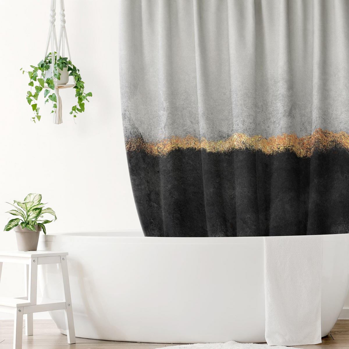 DUSCHVORHANG Abstrakter Goldener Horizont Schwarz Weiß 180/180 cm - Schwarz, Textil (180/180cm) - Bilderwelten