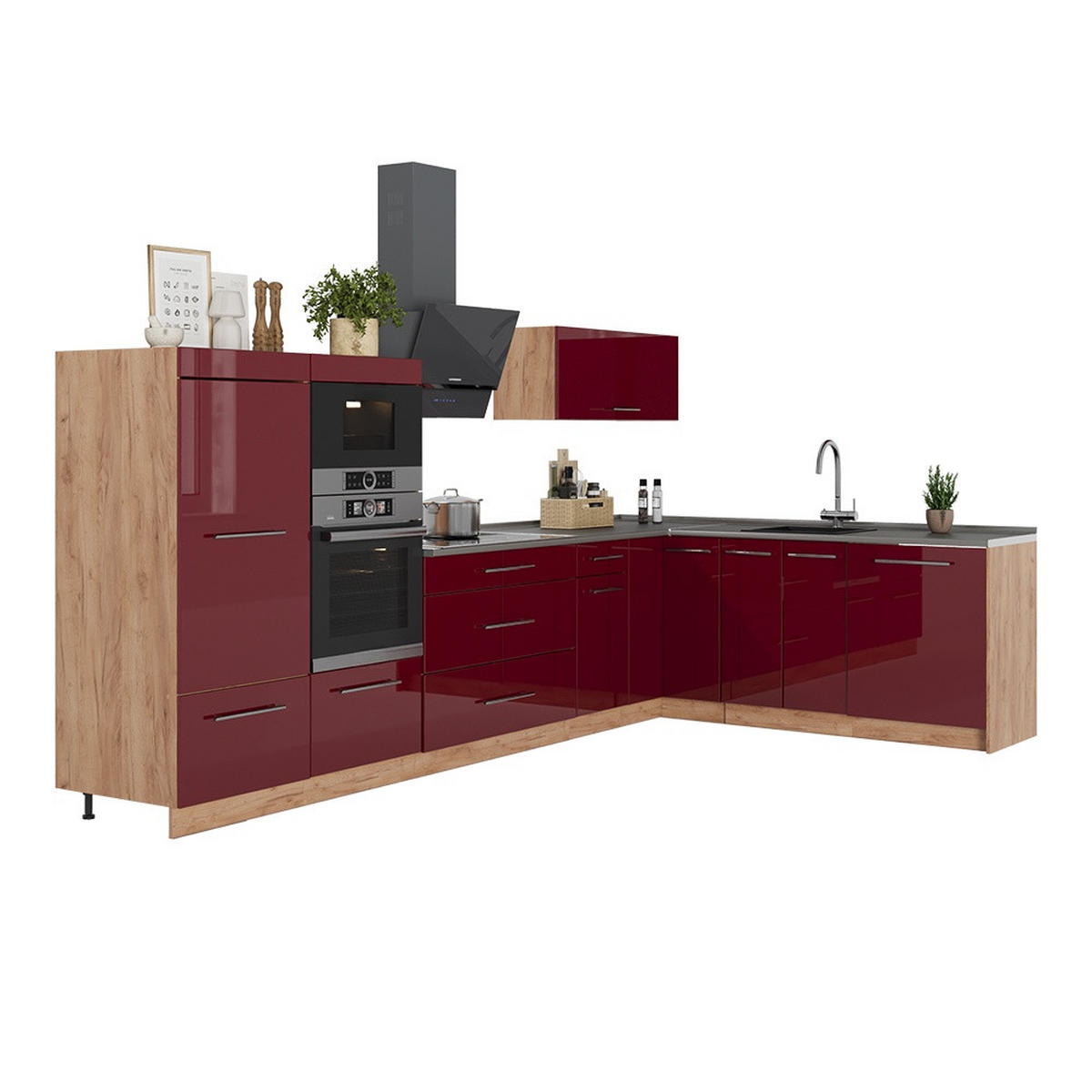 KUHINJA U OBLIKU SLOVA L Fame-Line, Bordo visokog sjaja/Hrast zlatnog tona, 347 x 207 cm bez radne ploče - hrast medunac/bordo, drvni materijal (347/153.6/51.6cm) - Vicco