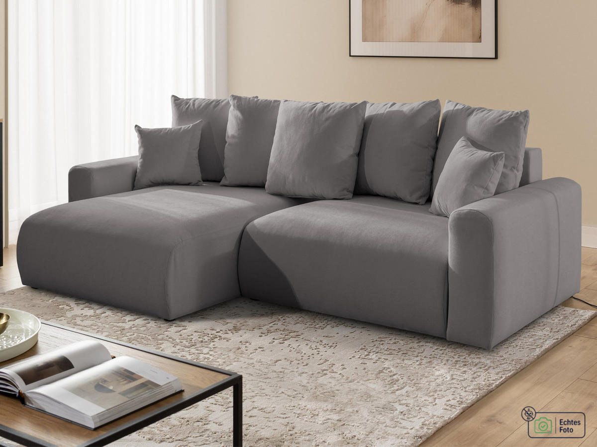 ECKSOFA Calma mit Schlaffunktion und Bettkasten im Bumpy-Design aus weichem Taupe Webstoff - Ottomane links - Taupe/Schwarz, Holz/Kunststoff (239/140cm) - S-Style