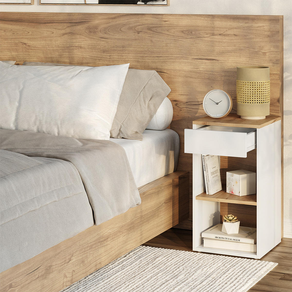 NACHTTISCH Dany Weiß/Goldkraft Eiche 35 x 65 cm mit 1 Schublade - Honigeiche/Weiß, Holzwerkstoff (35/65/35cm) - Vicco