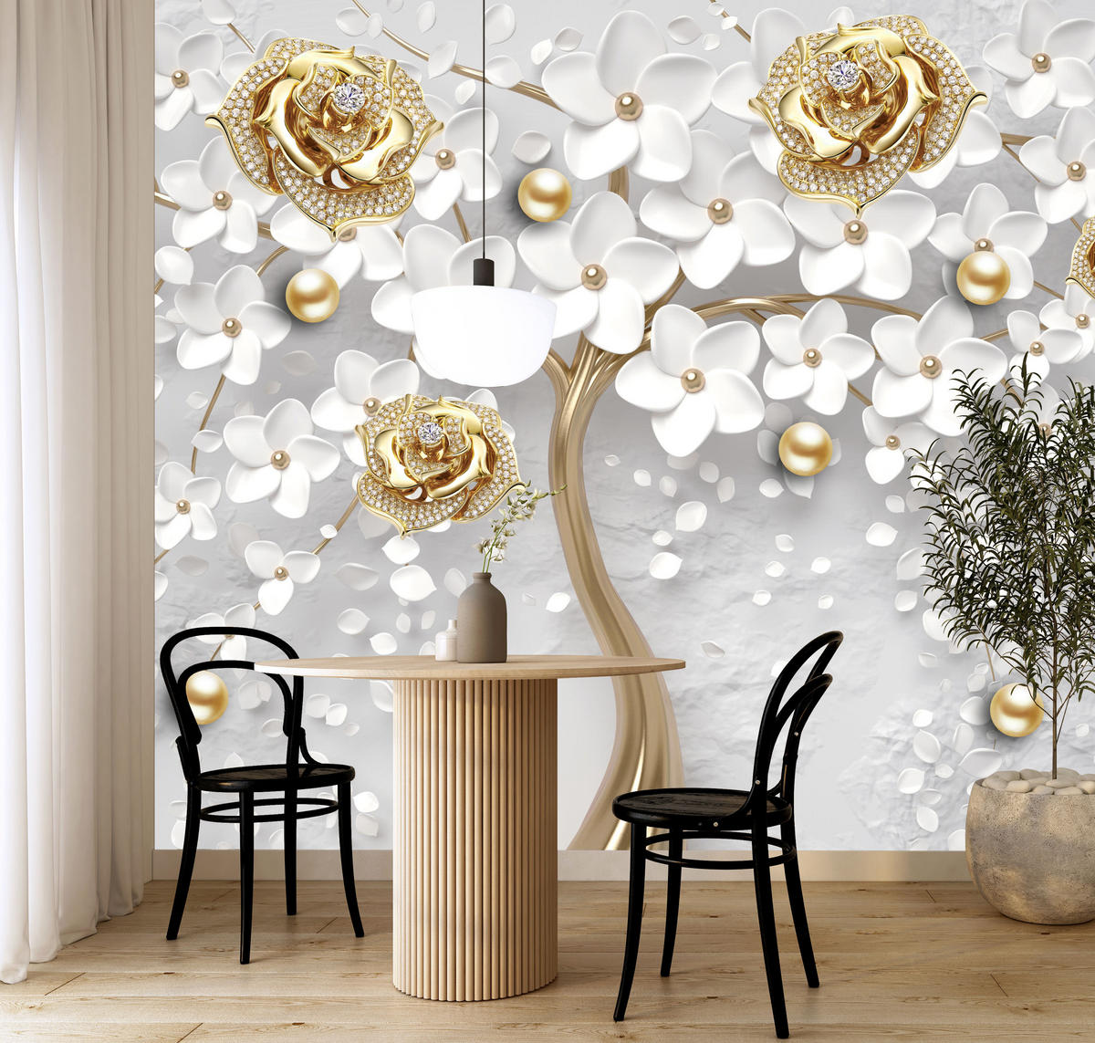 FOTOTAPETE für Wohnzimmer Abstrakte Rosen Baum Blumen Räumliche Äste Zweige 100x70 - Gelb/Weiß, Papier (100/70cm) - Muralo
