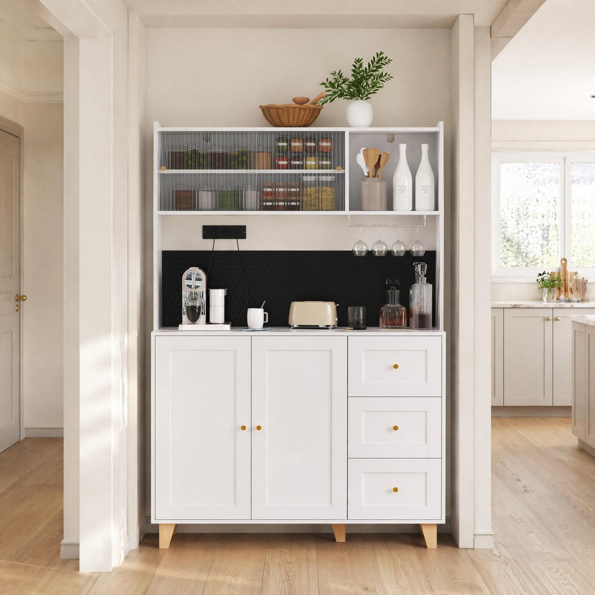HIGHBOARD in Weiß Barschrank mit Weinglashaltern und Schubladen für Esszimmer und Küche, B120/T40/H184 cm - Weiß/Naturfarben, Glas/Holz (120/184/40cm) - STILVORA