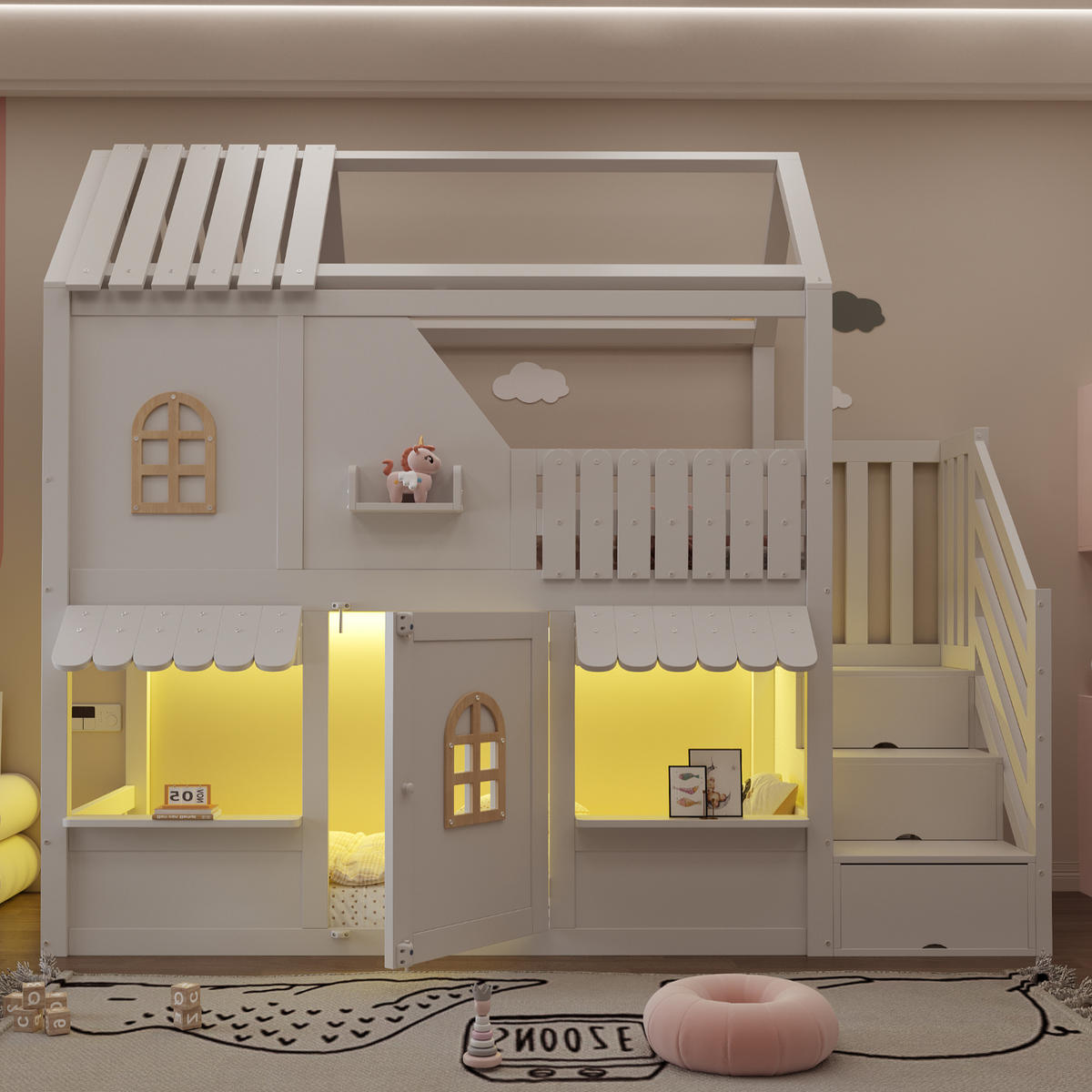 KINDER-ETAGENBETT 90 x 200 cm mit Dach, Leiter und LED, Weiß - Weiß, Holz (90/200cm) - FLIEKS