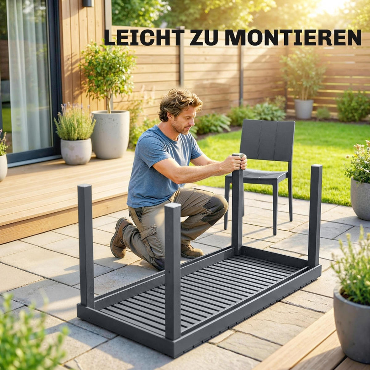 GARTENMÖBEL,BREITER Tisch+4 Stapelstühle,dunkelgrau - Grau, Metall - Vallsero