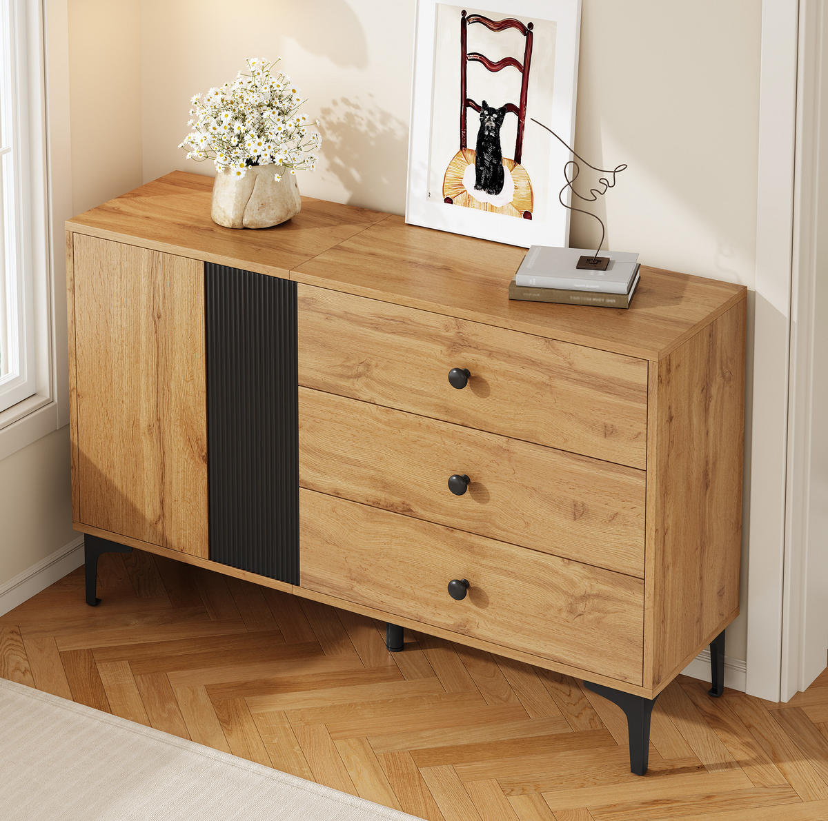 SIDEBOARD 120/35/76 cm aus Holzwerkstoff mit 1 Tür, 3 Schubladen und Metallfüßen Natur/Schwarz - Schwarz, Holzwerkstoff (120/76/35cm) - Modenvie