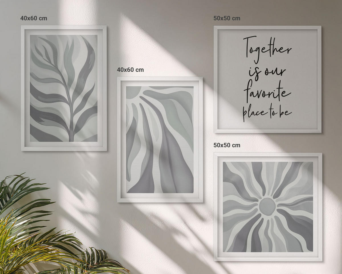WANDBILDER 4er-Set - 50x50 cm & 40x60 cm Weißer Rahmen - Illustrationen mit floralen Pastellmustern - Weiß, Kunststoff (50/50cm) - ArtPrintCave