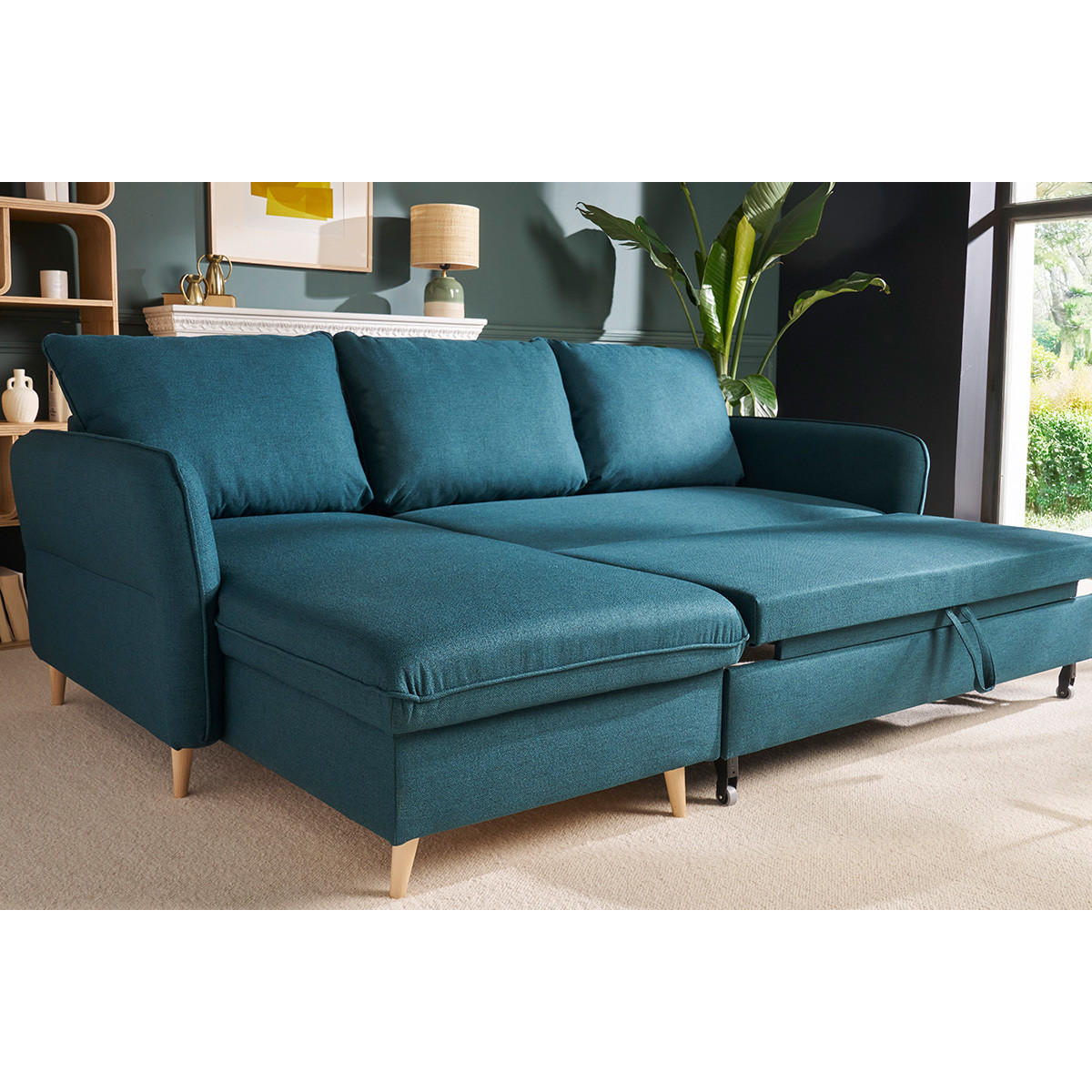 ECK-SCHLAFSOFA Stauraum 3/4-Sitzer Terracotta Stoff Helles Holz DRISS - Blau, Textil (159.5/241cm) - Miliboo