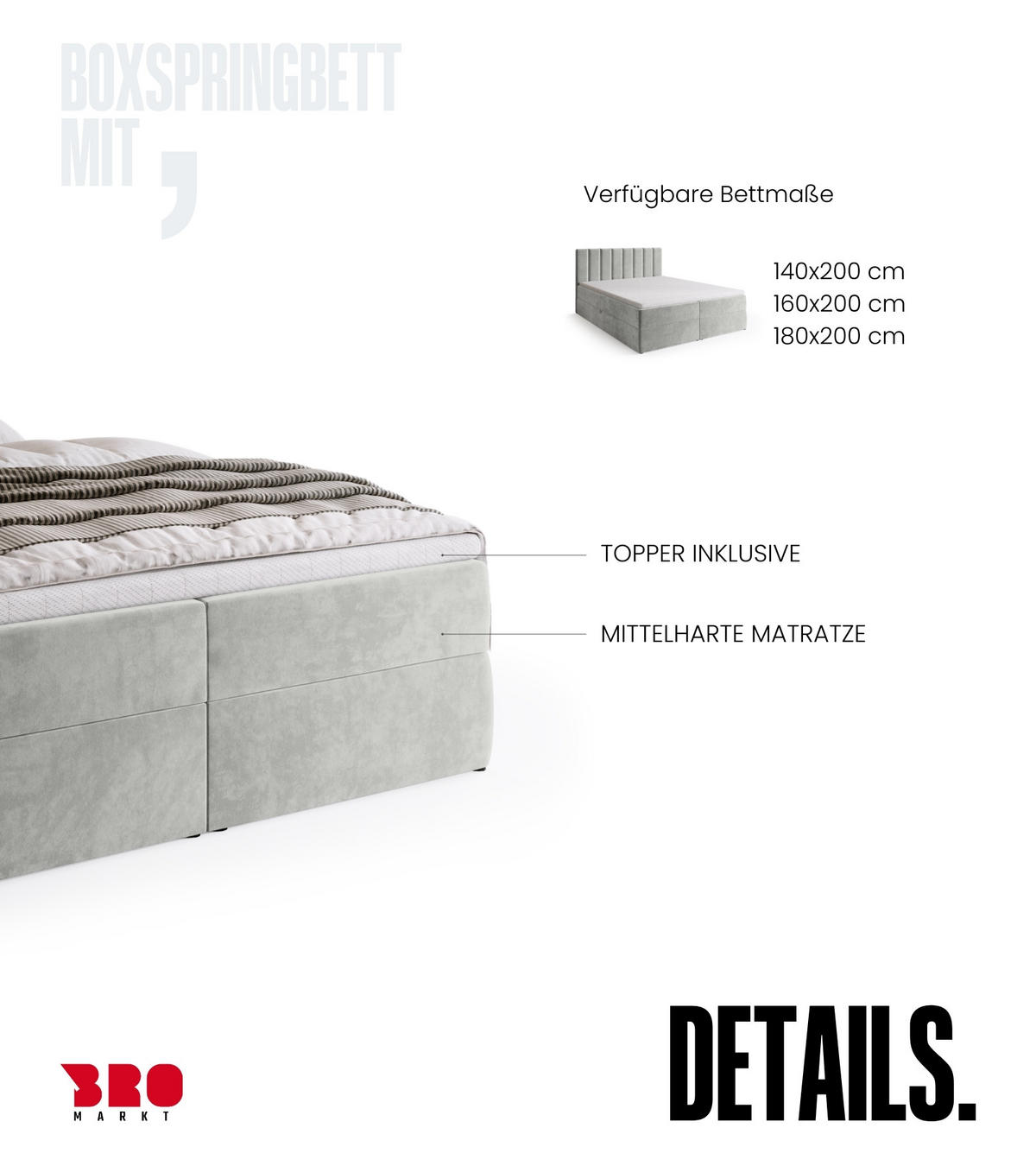 BOXBETT DENVER mit Topper 140x200 Grau - Grau, Textil (140/200cm) - Bromarkt