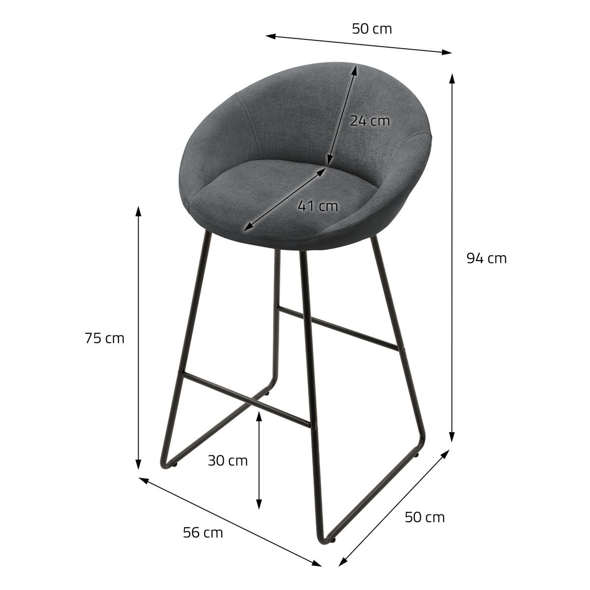 BARHOCKER 4er Set Anthrazit mit Stoffbezug - Anthrazit/Schwarz, Metall (56/94/50cm) - ML-DESIGN