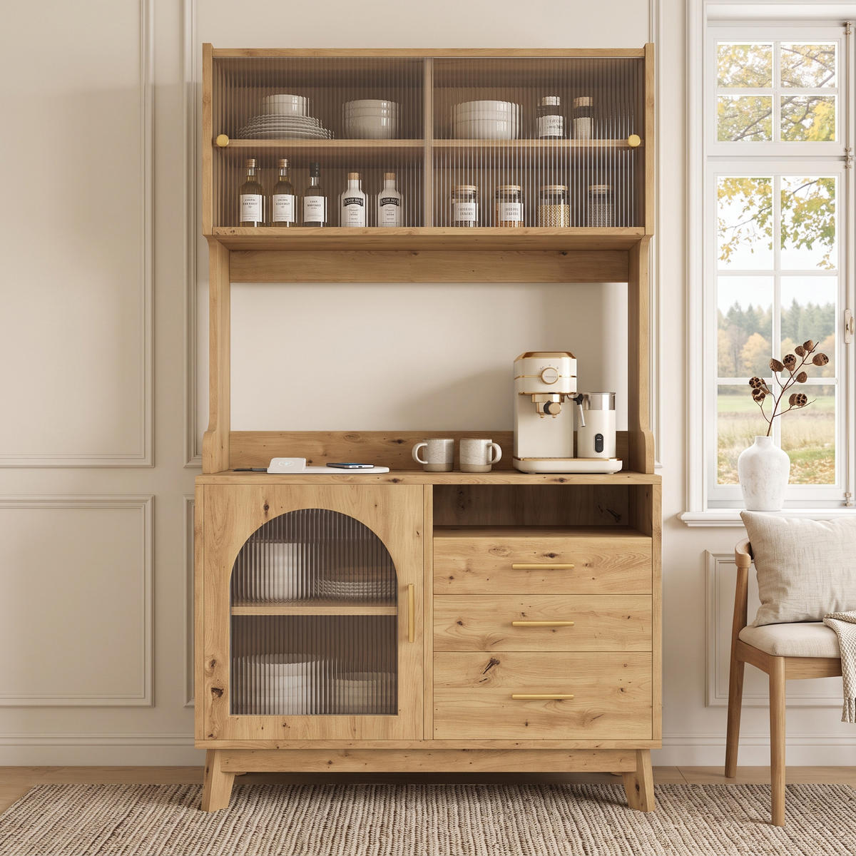 BUFFETSCHRANK 100,5x40x178 cm, 2 Steckdosen, USB-A/USB-C-Anschlüsse, Holzfarbe - Naturfarben, Holzwerkstoff (100.5/178/40cm) - FOHERE