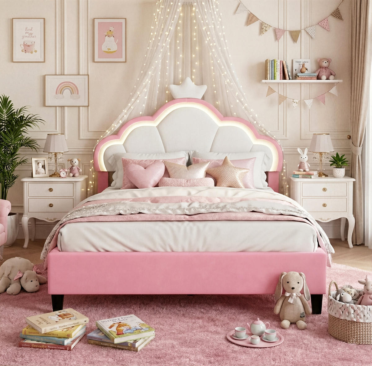 JUGENDBETT Sternenkrone mit RGB-LED & Wellen-Kopfteil 140/200 cm Samt Rosa/Weiß - Pink, Textil (140/200cm) - Creahappy