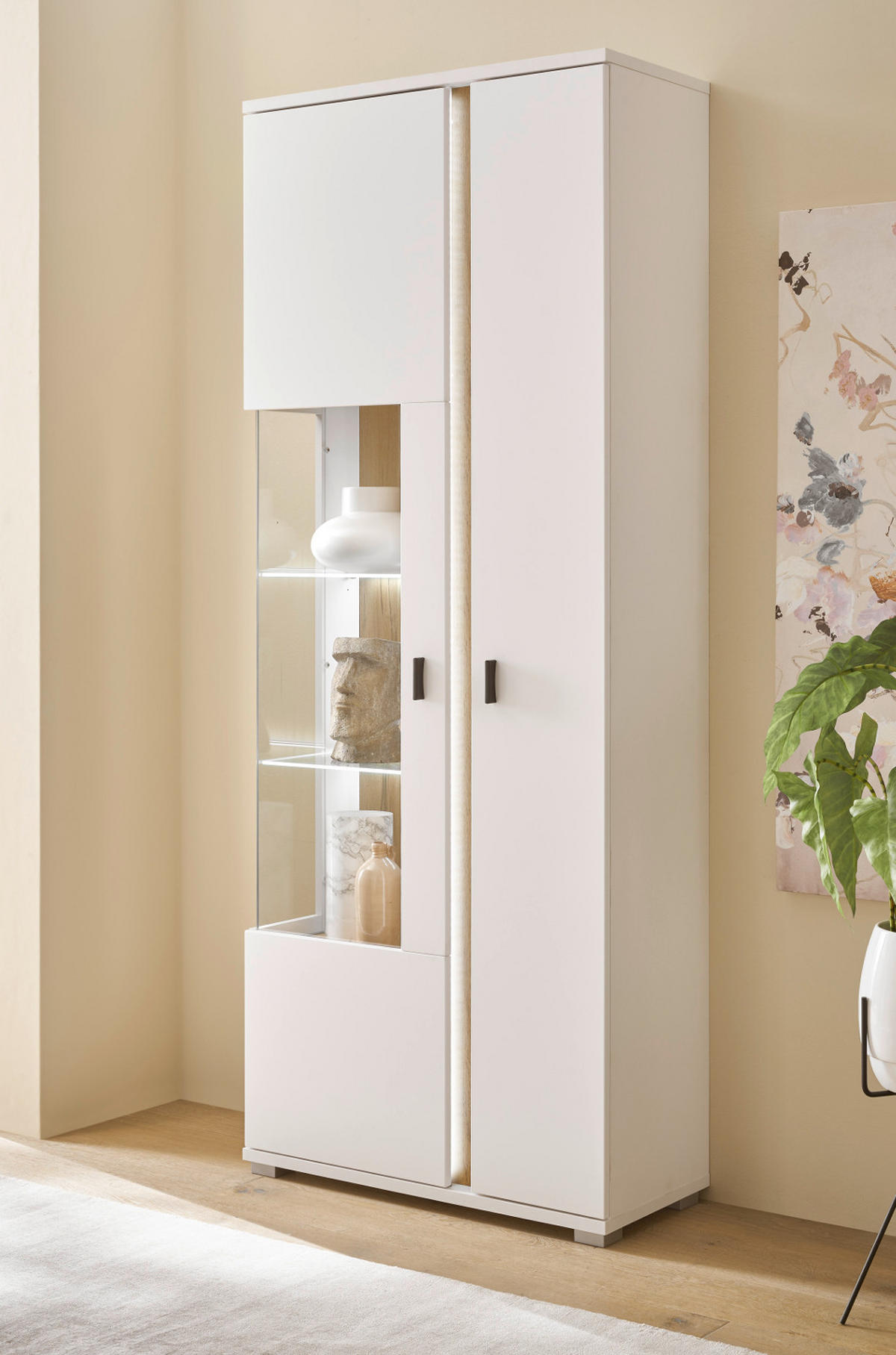VITRINE weiß matt, Eiche Wotan 80 x 200 cm, Vitrinenschrank inklusive Frontbeleuchtung - Silberfarben/Eiche Wotan, Glas/Holzwerkstoff (80/200/35cm) - Furn.Design