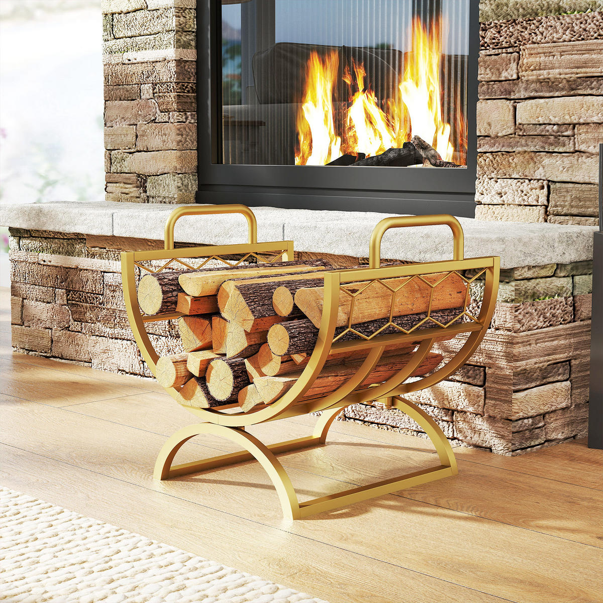 KAMINHOLZREGAL für innen 46 x 36 x 41cm Brennholzregal für Kamin Ofen Gold - Goldfarben, Metall (36/41/46cm) - Outsunny