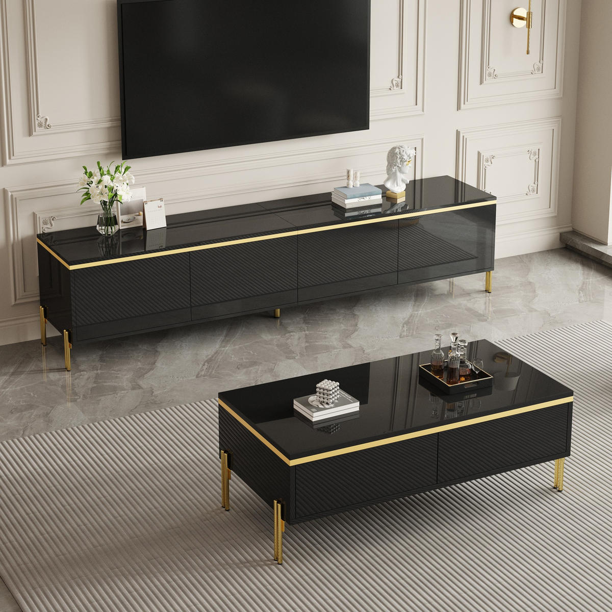 TV-SCHRANK & COUCHTISCH Set Luxus Hochglanz Gold Kanten - Schwarz, Holzwerkstoff (38/50/170cm) - FLIEKS