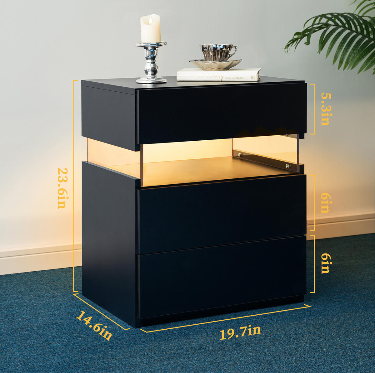 NACHTTISCH aus Holzwerkstoff 48x38x61 cm Schwarz mit LED-Beleuchtung und 3 Schubladen - Schwarz, Holzwerkstoff (48/61/38cm) - Modfu