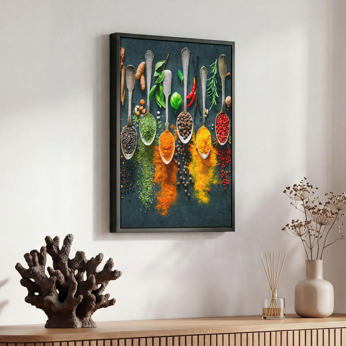 LEINWAND Bilder mit Rahmen - Kräuter - Gewürze - Löffel - 30x40 - Currygelb, Textil (30/40cm) - MuchoWow