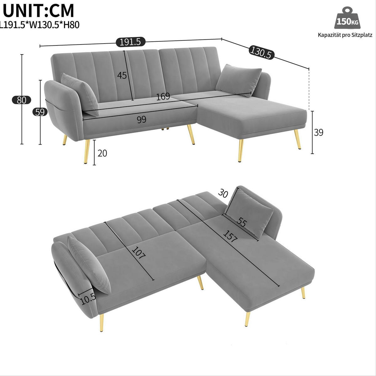 ECKSOFA aus Samt 191,5x130,5x80 cm in Grau mit Schlaffunktion - Grau, Textil (130.5/80/191.5cm) - Modfu