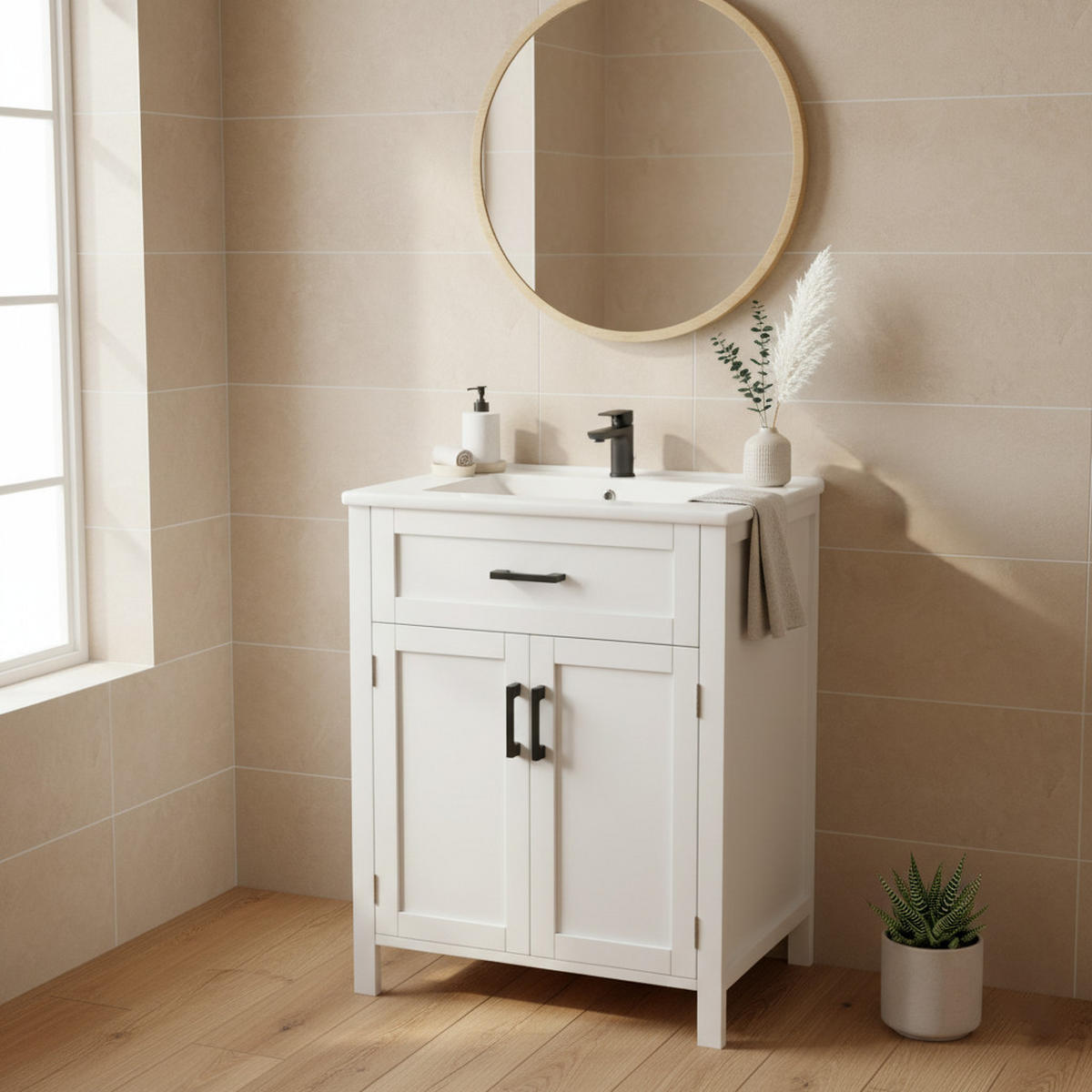 WASCHTISCHKOMBI Weiß freistehend mit Keramikbecken - Weiß, Keramik/Holzwerkstoff (60/84/46cm) - Urban Meuble