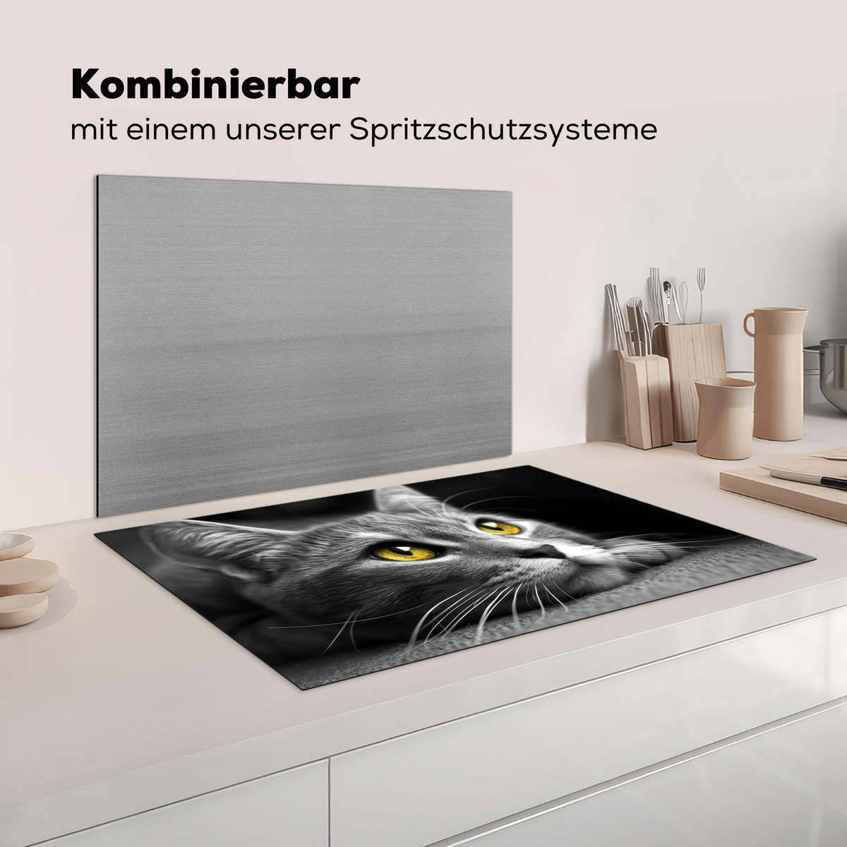 HERDABDECKPLATTE Katze - Grau - Tiere - Katze Induktionsmatte 81x52 cm - Grau, Kunststoff (81/52/0.2cm) - MuchoWow