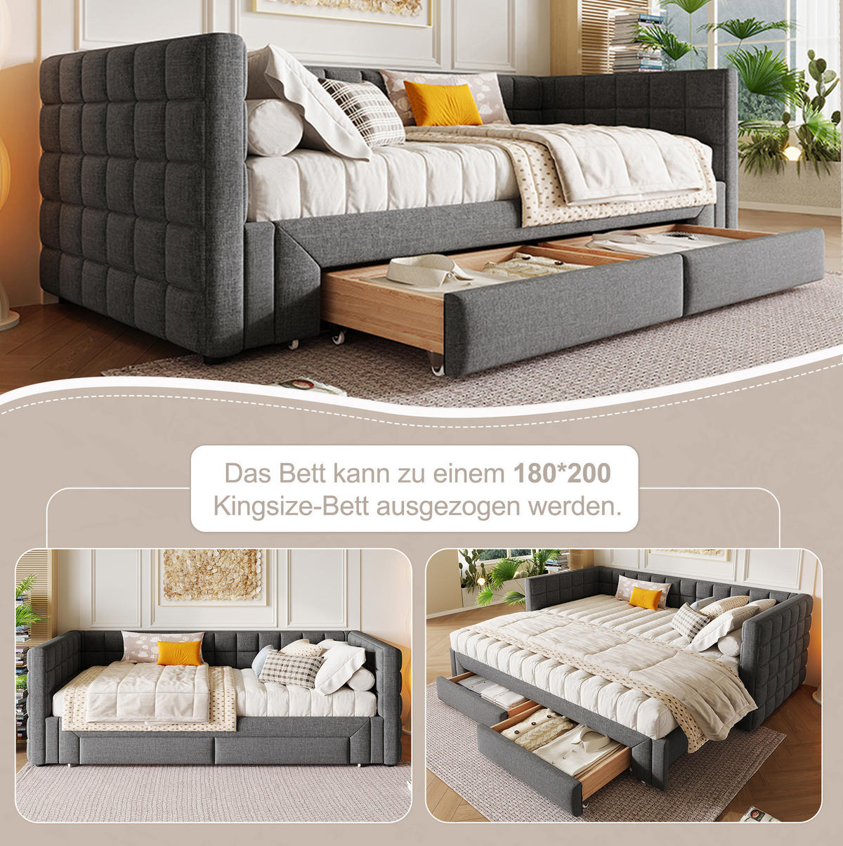 TAGESBETT aus Samt 90x200 cm Grau mit Ausziehfunktion, 2 Schubladen und quadratischer Rückenlehne - Grau, Textil (140/190cm) - Modfu