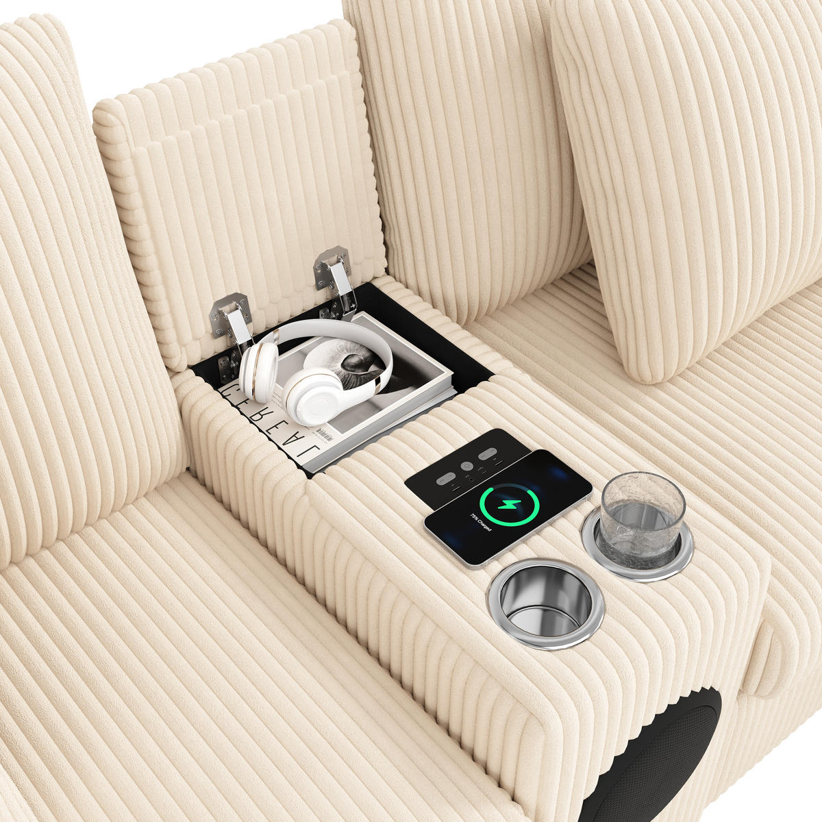 WOHNLANDSCHAFT Cord Beige mit Stauraum, Bluetooth, USB und Type-C - Beige, Holzwerkstoff/Kunststoff (315.5/84.5/144cm) - WISHDOR