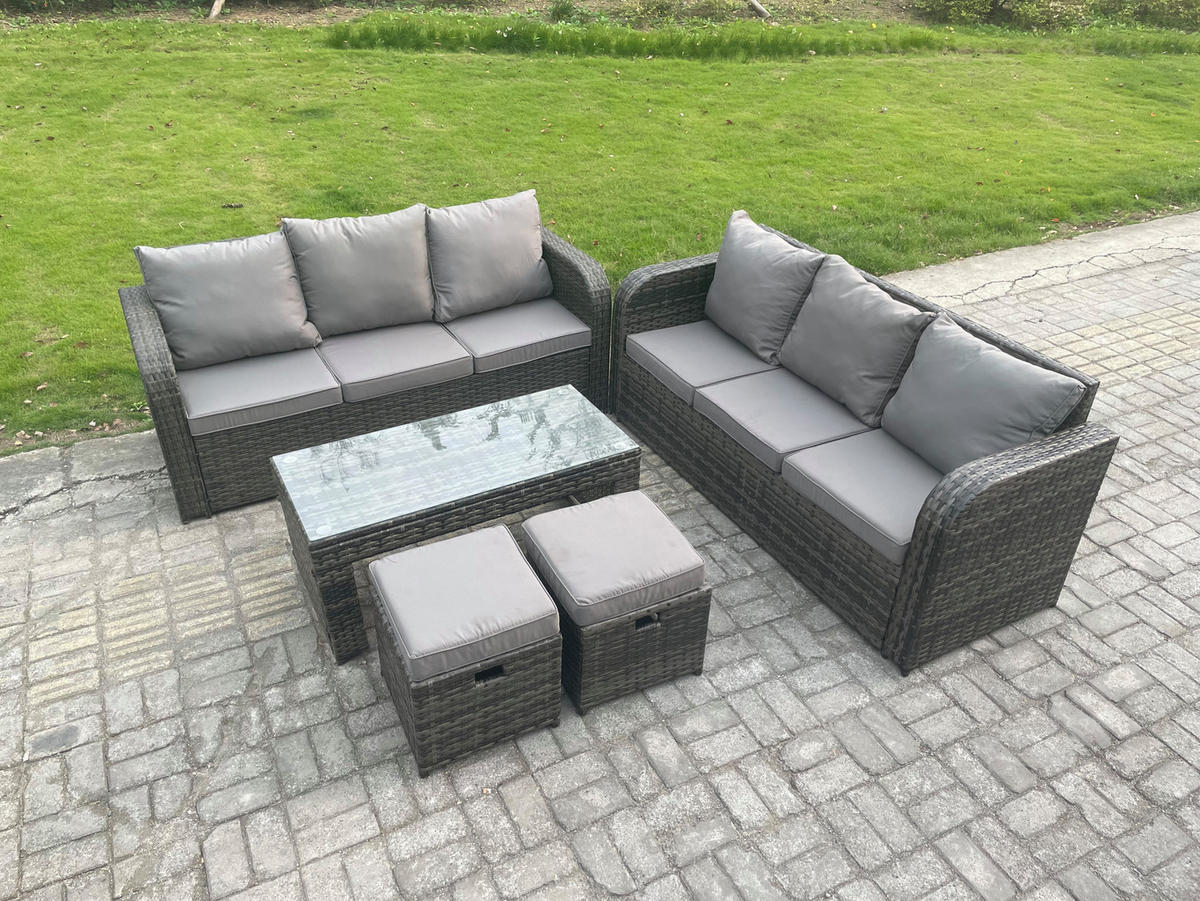 GARTENMÖBEL SET mit Sofa Polyrattan 8-Sitzer Dunkelgrau - Dunkelgrau/Grau, Glas/Kunststoff - Fimous