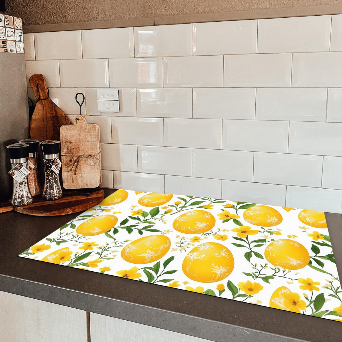 HERDABDECKPLATTE Blumen - Ostereier - Gelb Ceranfeldabdeckung 76x51.5 cm - Gelb, Kunststoff (76/51.5/0.2cm) - MuchoWow