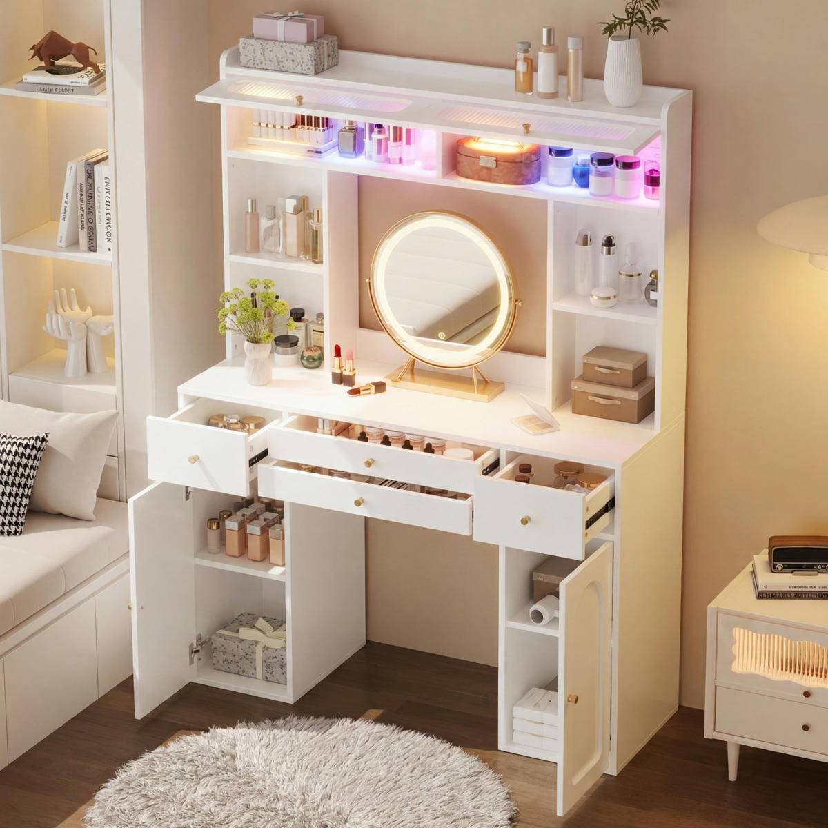 TOALETNÍ STOLEK v bílé barvě s LED osvětlením a zásuvkami do ložnice, Š120/H40/V160 cm - bílá, kompozitní dřevo/sklo (120/160/40cm) - STILVORA