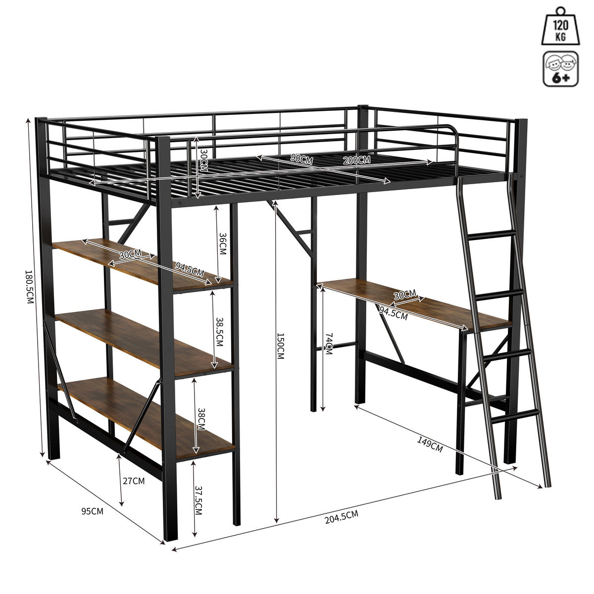 HOCHBETT 90x200cm Schwarz Metall Schreibtisch 3 Ablagen - Schwarz, Metall (90/200cm) - FLIEKS