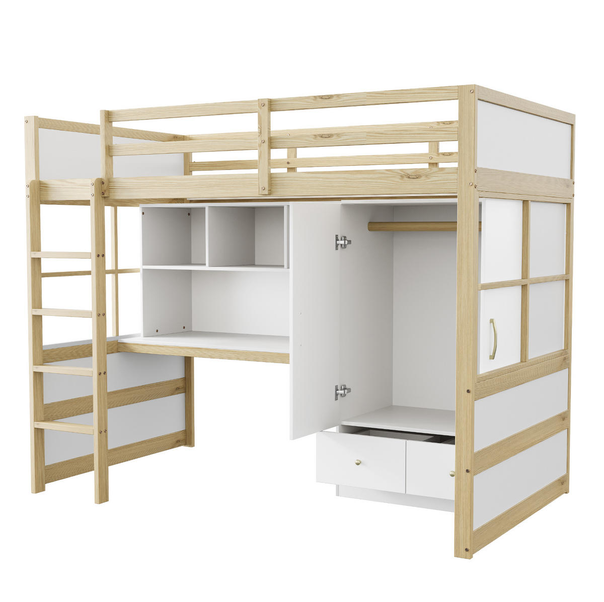 HOCHBETT aus Massivholz 90x200 cm in Naturholz mit Schreibtisch & Kleiderschrank - Naturfarben, Holz (90/200cm) - Modfu