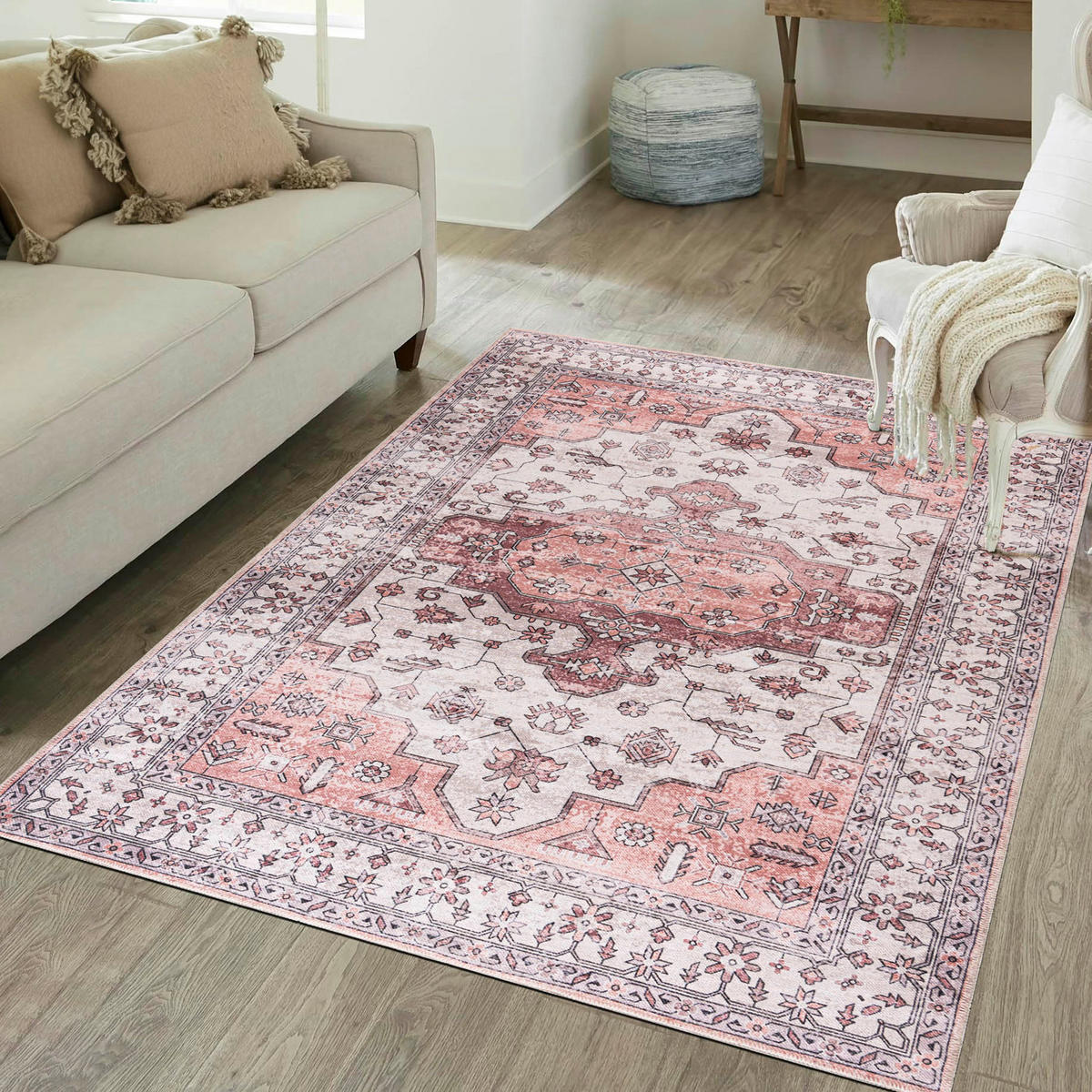 TEPPICH Beige Boho Vintage - Rechteckig Pflanzlich - Rosa - 140 x 200 cm - Pink/Beige, Textil (140/200cm) - Mazovia