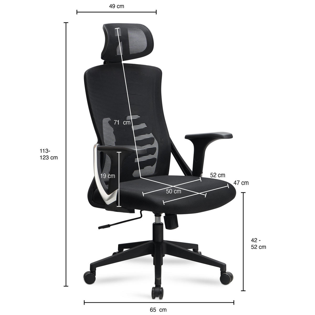 BÜRODREHSTUHL Schwarz Mesh mit Wippmechanik, Kopfstütze und 4-fach Lordosenstütze ASTRA - Schwarz, Kunststoff/Textil (65/123/65cm) - KADIMA DESIGN
