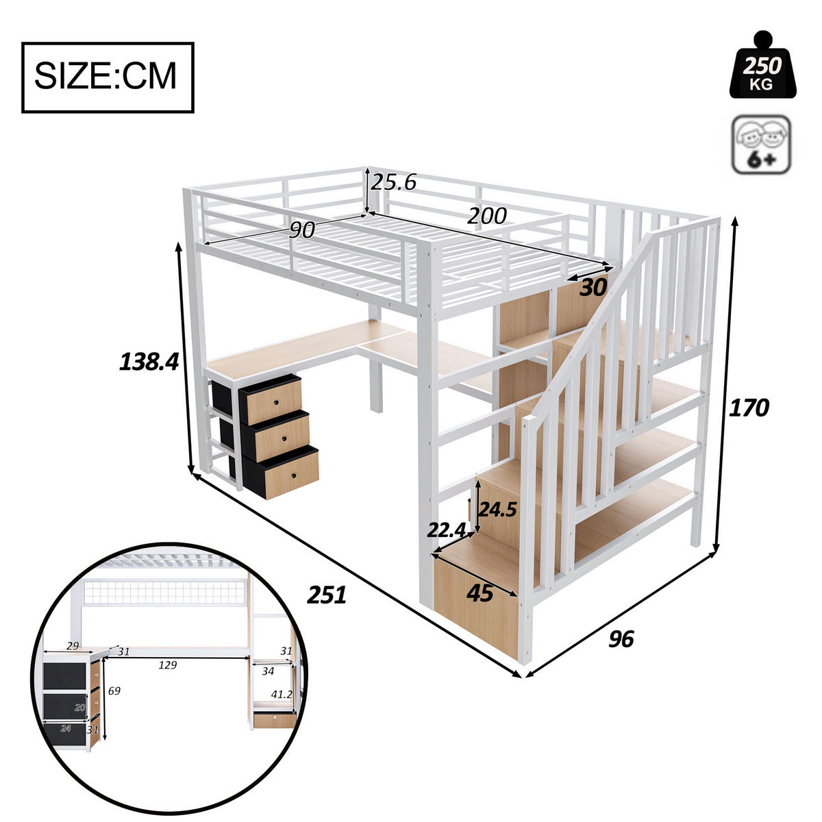 HOCHBETT 90/200 cm in Weiß mit 4 Schubladen, LED und Schreibtisch - Weiß, Holzwerkstoff/Metall (90/200cm) - STILVORA
